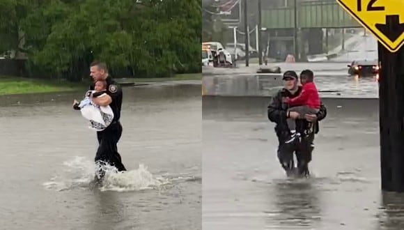 Un video viral tiene como protagonistas a unos policías rescatando a unos niños indefensos de una inundación en una concurrida avenida de Albany, Nueva York.| Crédito: Hassib Tleiji / Facebook.