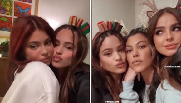 Rosalía mostró en redes sociales cómo fue su noche al lado de Kylie Jenner y Kourtney Kardashian. (Foto: Instagram / @rosalia / @kourtneykardash).