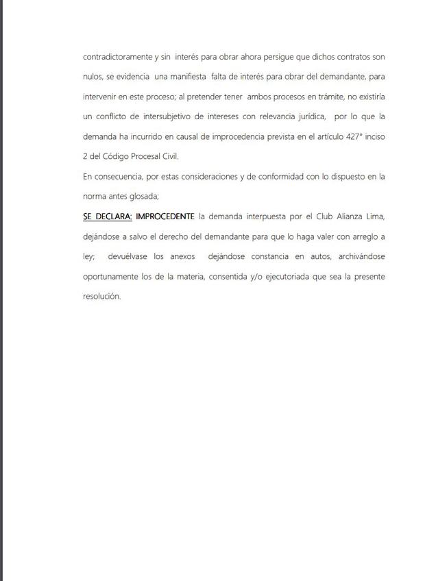 Resolución de la Corte Superior de la Justicia tras demanda de Alianza Lima. (Foto: Corte Superior de Justicia)