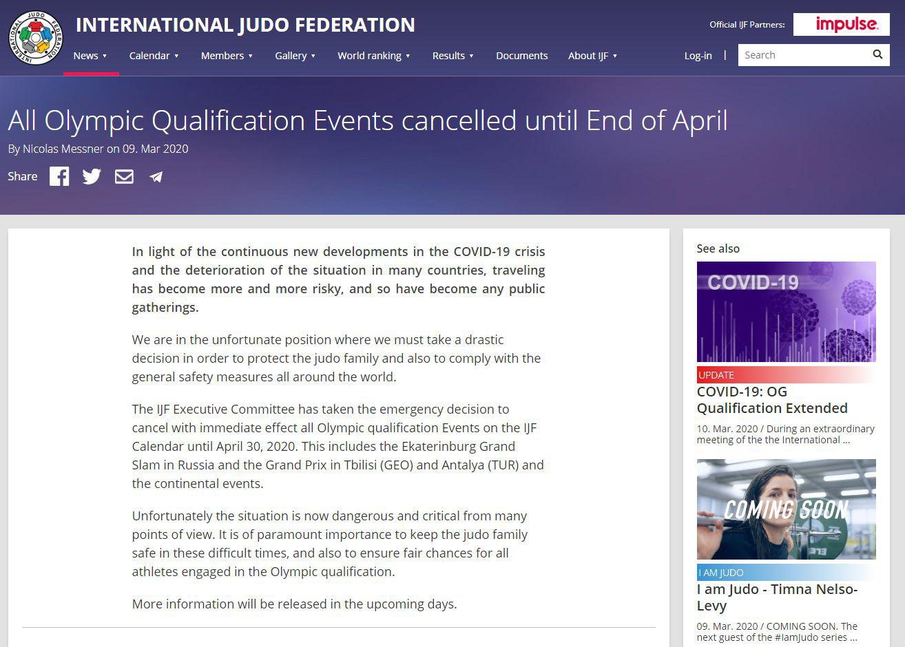 Comunicado de la Federación Internacional de Judo tras el coronavirus. (Captura)