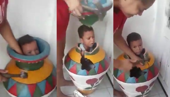Un video viral muestra el literal aprieto en el que se metió un niño que se escondió dentro de un jarrón. | Crédito: @8RonaldQuintero / Twitter.