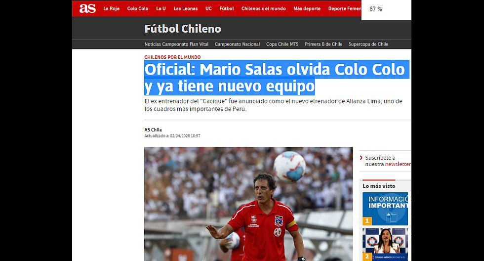 Así informaron en Chile sobre la llegada de Mario Salas. (AS)