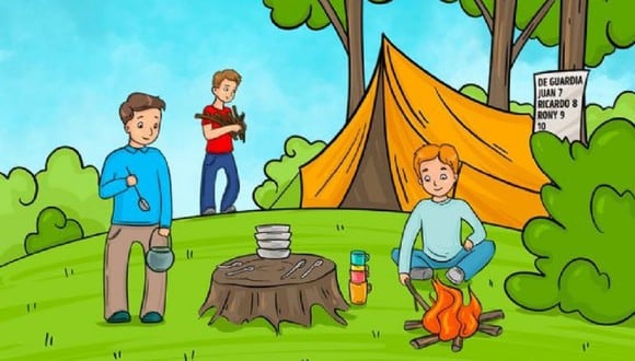 Ubica el error en la imagen del camping entre amigos del desafío visual. (Difusión)