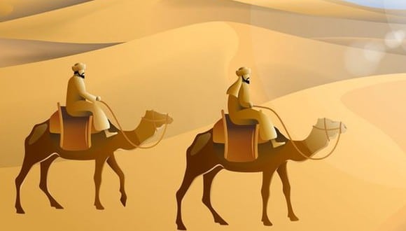 En esta imagen se aprecia a dos hombres en un desierto. Cada uno monta un camello en un día muy soleado. (Foto: genial.guru)