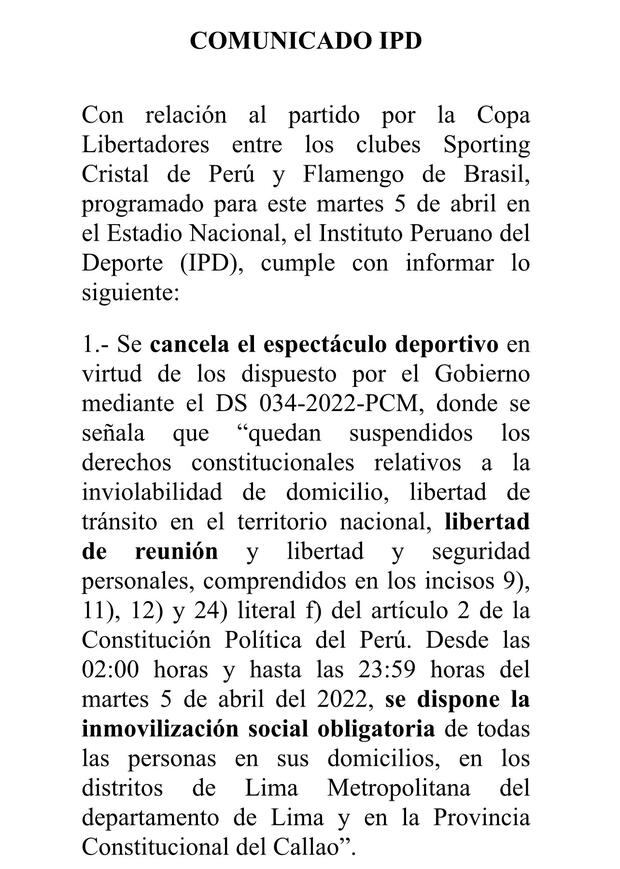 El comunicado del IPD con relación al Sporting Cristal vs. Flamengo.