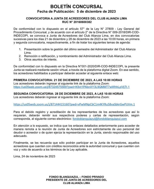 Boletín concursal del Fondo Blanquiazu. (Foto: Difusión)