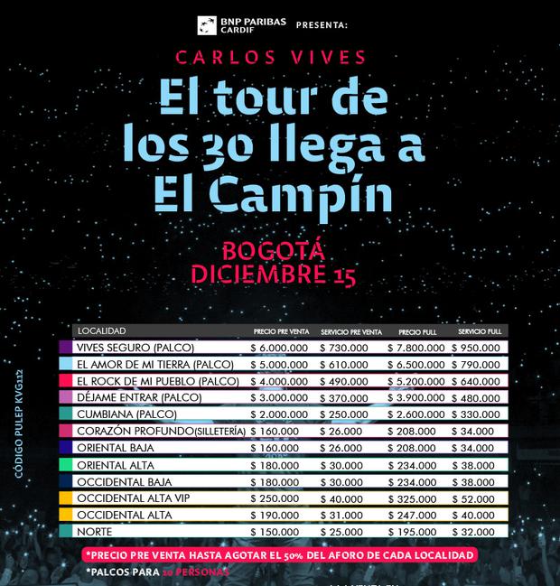 Carlos Vives, "Tour de los 30" - Precios de entradas. (Foto: Tuboleta)
