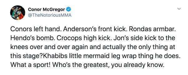 El comentario de Conor McGregor sobre Khabib Nurmagomedov que terminó borrando en Twitter. (Twitter)