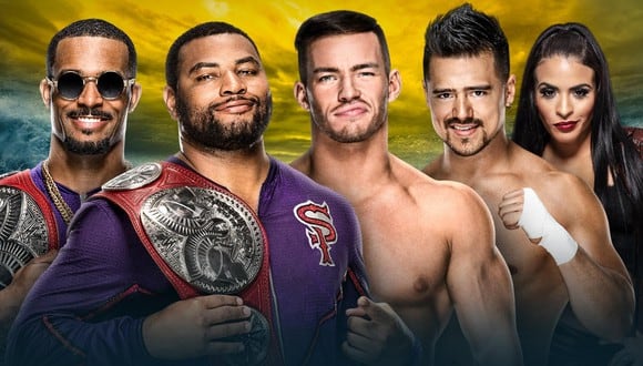 Póster oficial de la lucha por los títulos en parejas de Raw. Theory en el medio, al costado de Angel Garza. (Foto: WWE)