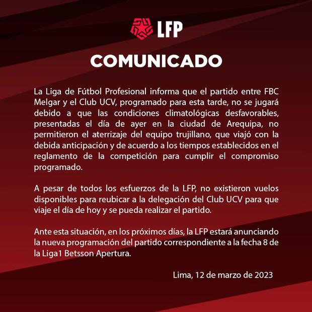 Comunicado de la Liga Profesional de Fútbol sobre el partido entre Melgar y César Vallejo. (Imagen: LFP)