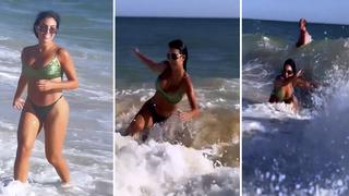 Video Viral: Ola “revuelca” a Georgina Rodríguez en sus vacaciones en la playa