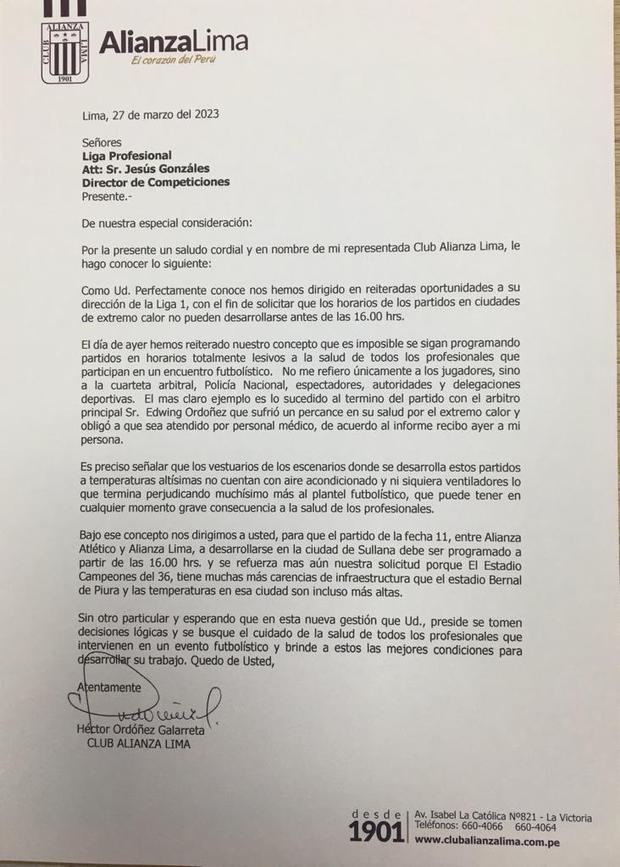 Alianza Lima envió carta a la Liga 1 solicitando que el encuentro ante Alianza Atlético en Sullana se programado para las 4:00 p.m.