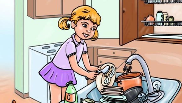 Reto visual: si tienes una ‘vista de Halcón’ encontrarás el error en la imagen de la niña lavando platos (Foto: Genial.Guru).