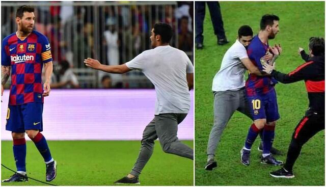 Lionel Messi y el tenso momento vivido con un fanático que saltó a la cancha. (Foto: AFP)