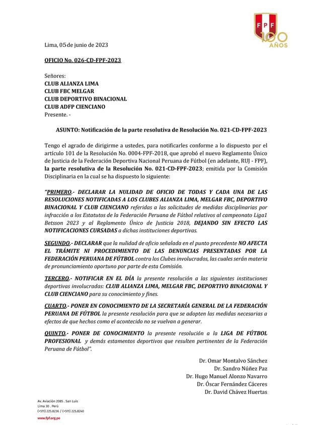 Oficio de la Comisión Disciplinaria de la FPF sobre el caso de Alianza Lima, Binacional, Cienciano y Melgar. (Foto: Difusión)