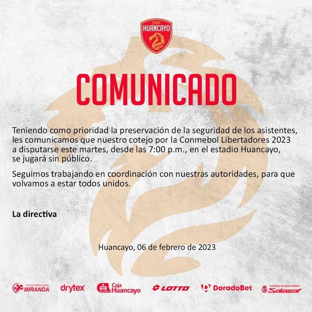 Comunicado de Sport Huancayo sobre debut en la Copa Libertadores. (Foto: Difusión)