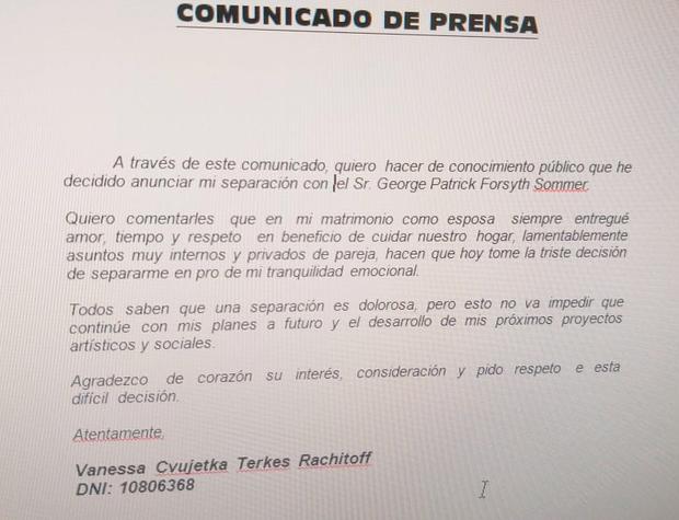 Vanessa Terkes anuncia separación en comunicado. (Captura de pantalla)