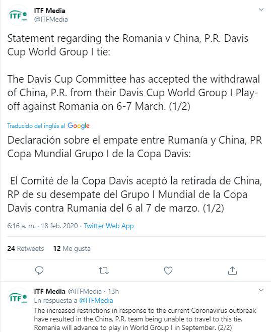 Comunicado de la Federación Internacional de Tenis sobre el caso de China y el coronavirus. (Twitter)