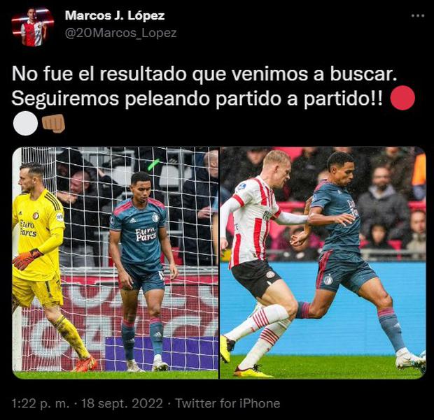 Marcos López valoró su partido con el Feyenoord a pesar de la derrota ante el PSV. (Foto: Captura de Twitter)