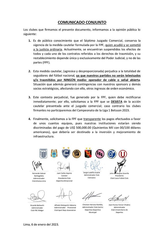 Ocho clubes firmaron el documento que exige a la FPF desistir de su acción cautelar.