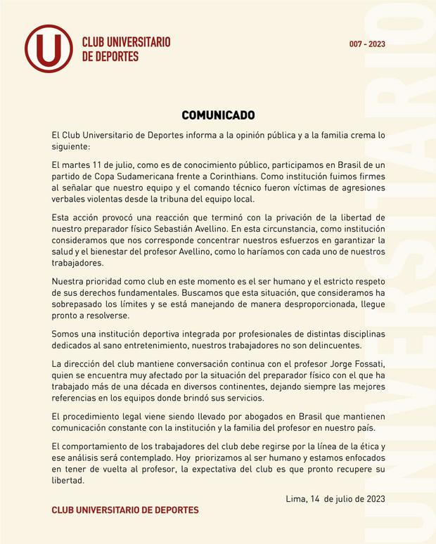 El comunicado de Universitario sobre la situación de Sebastián Avellino. (Imagen: Universitario)