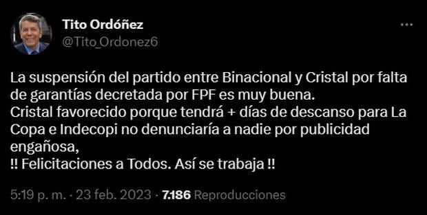 Publicación de Héctor Ordóñez en su cuenta de Twitter. (Imagen: Captura de Twitter)