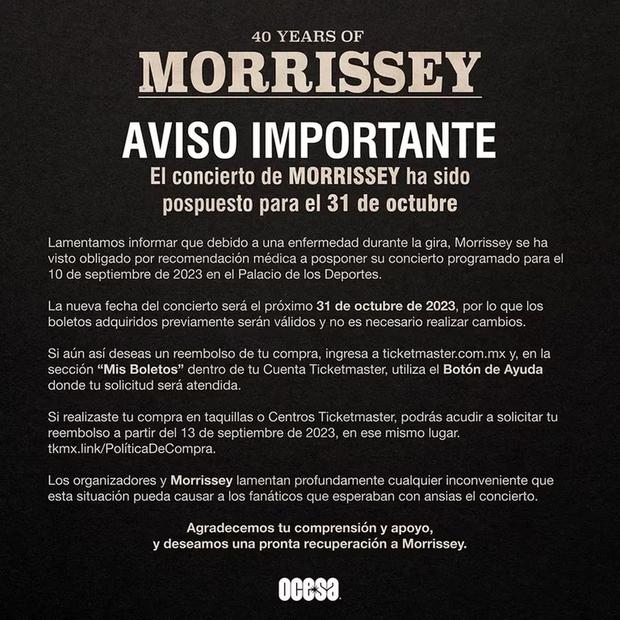 Comunicado sobre la postergación de la fecha de presentación de Morrissey en Ciudad de México (Foto: Morrissey Central)