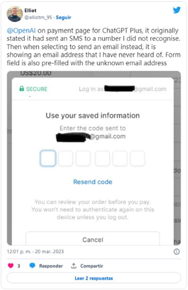 A user notices that the ChatGPT Plus payment page claimed to have sent an SMS to an unknown number and that when sending an email an unknown email address was also displayed. In addition, the form field was also autofilling with an unknown email address.