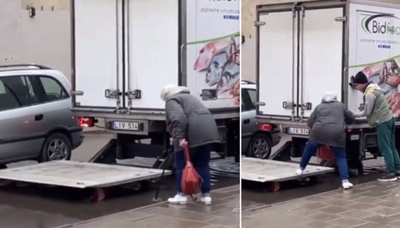 Un conductor de camión tuvo un conmovedor gesto con una anciana que no podía cruzar un gran charco. (Foto: @tommyxblake / TikTok)