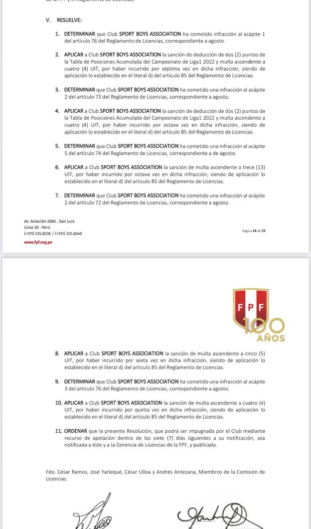 La resolución de la Federación Peruana de Fútbol (FPF).