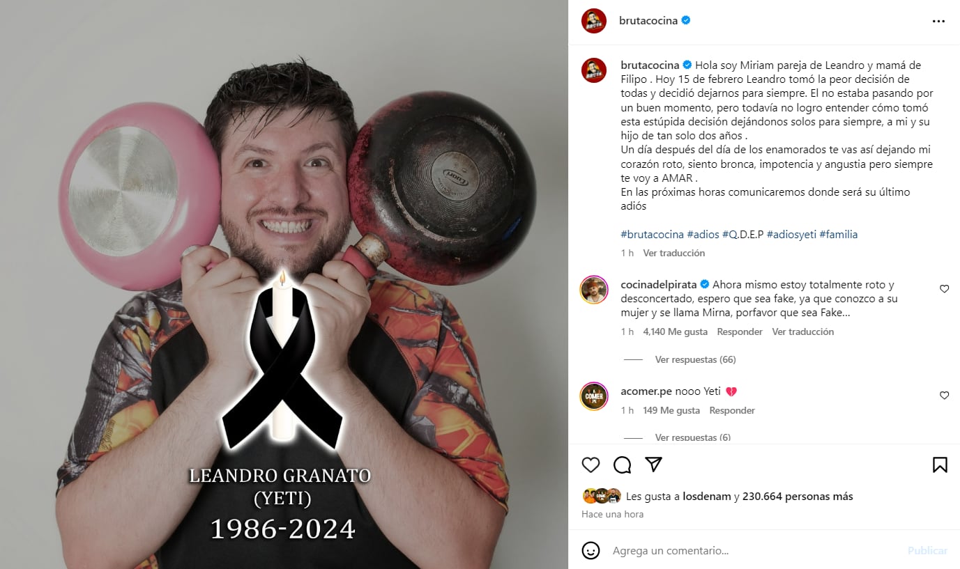 La muerte de Leandro Granato "El Yeti" causó sorpresa entre los seguidores de "Bruta Cocina" (Foto: Captura - Instagram)