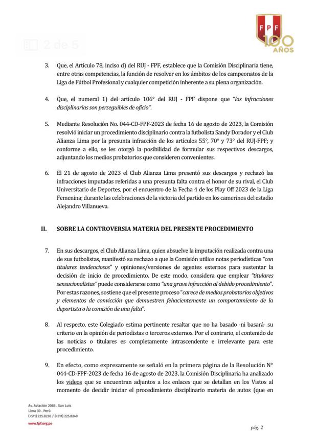 La Resolución de la Comisión Disciplinaria de la FPF. (Foto: FPF)