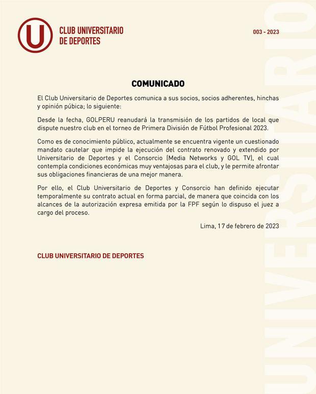 El comunicado de Universitario sobre la transmisión de sus partidos. (Foto: Universitario de Deportes)