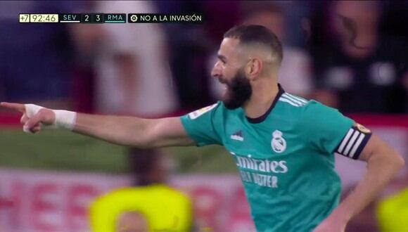 Karim Benzema anotó el 3-2 del Real Madrid vs. Sevilla por LaLiga Santander. (Foto: Captura de ESPN)