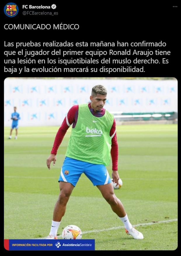 Barcelona confirmó la lesión de Ronald Araujo. (Captura: Twitter)