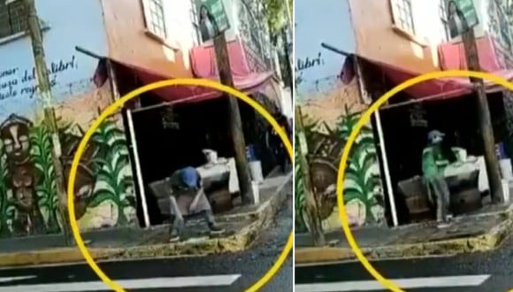 Una cámara captó cómo un vendedor de tacos enjuaga su trapo en un charco de la calle. (Foto: @telediario / Twitter)