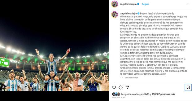 El post de Ángel di María despidiéndose de la Selección de Argentina. (Captura: Instagram)