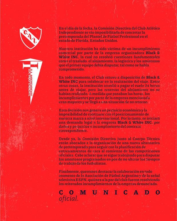 El comunicado de Independiente en sus redes sociales. (Captura: X)