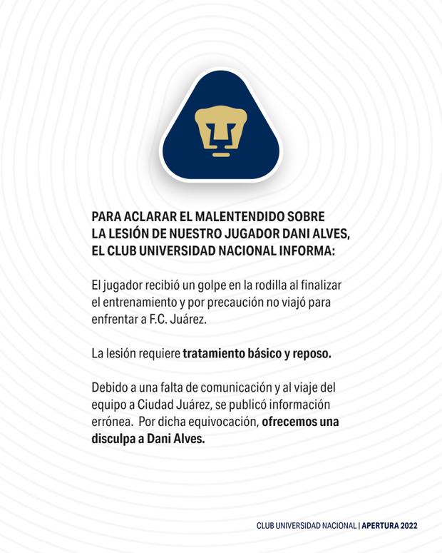 La UNAM de Puma corrige parte de lesionado de Dani Alves.