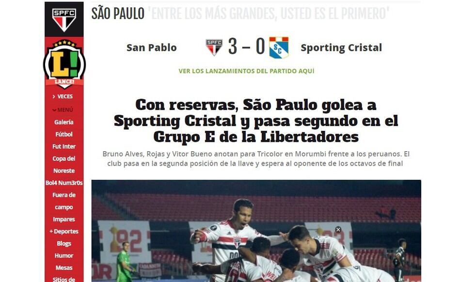 Así reaccionó la prensa brasileña tras el triunfo de Sao Paulo ante Sporting Cristal. (Captura)