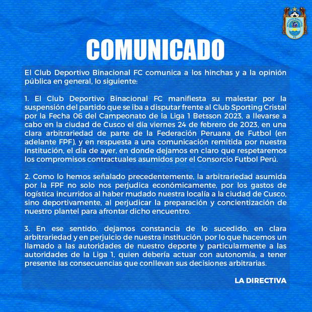 Comunicado de Binacional tras la suspensión de su partido ante Sporting Cristal. (Imagen: Binacional)