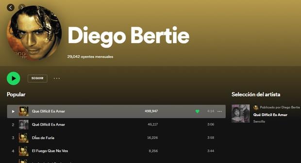Diego Bertie lanzó hace solo algunos días su nuevo sencillo llamado ‘Qué Difícil es amar’, la cual formaría parte de su gira de relanzamiento musical (Foto: Captura de pantalla Spotify)