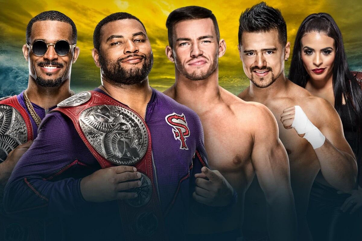 Póster oficial de la lucha por los títulos en parejas de Raw. Theory en el medio, al costado de Angel Garza. (Foto: WWE)