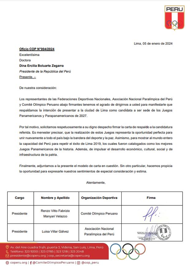 Carta dirigida a la Presidencia del Perú. (Foto: COP)
