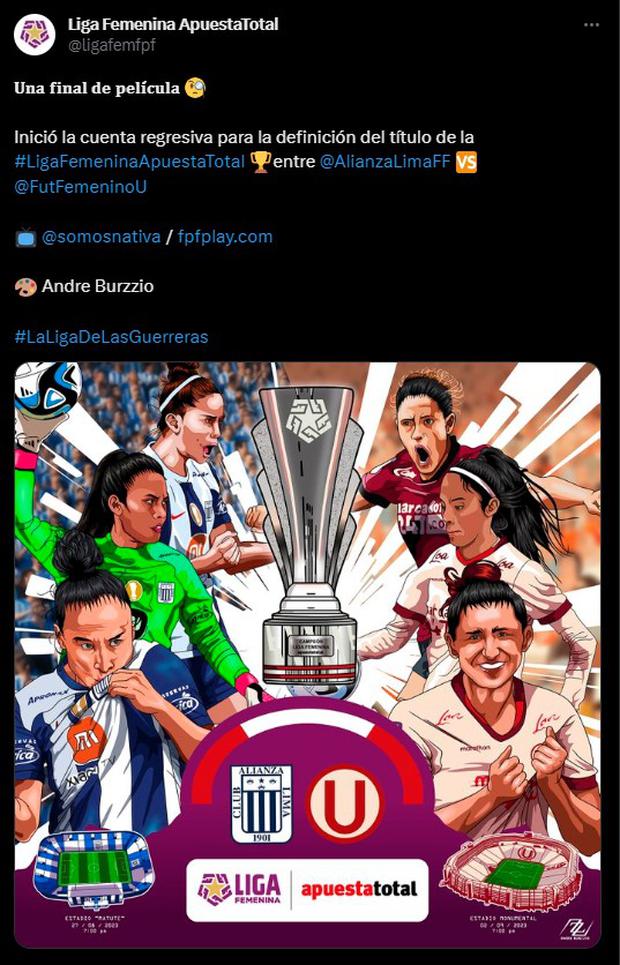 Alianza Lima y Universitario se enfrentarán en duelos de ida (27 de agosto) y vuelta (2 de setiembre) para definir a las campeonas de la Liga Femenina 2023. (Foto: @ligafemfpf)