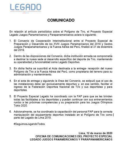 Comunicado del Legado de Lima 2019.