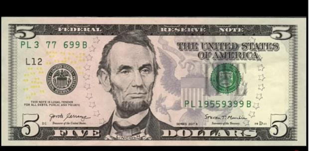 Abraham Lincoln en el billete de 5 dólares (Foto: Beto coin/YouTube)