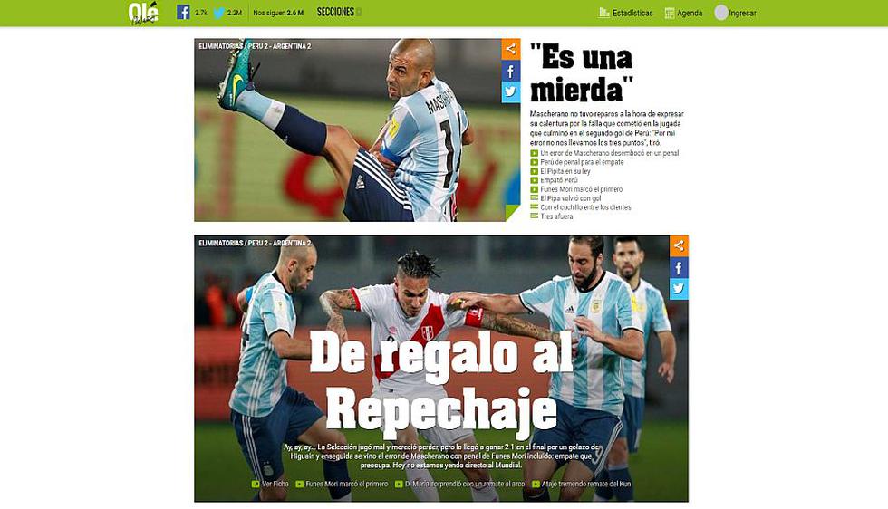 De esta manera los diarios del mundo informaron sobre el cotejo entre Argentina y Perú. (Olé)