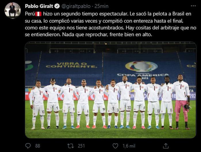 Pablo Giralt se refirió al partido entre Perú y Brasil. (Captura: Twitter)