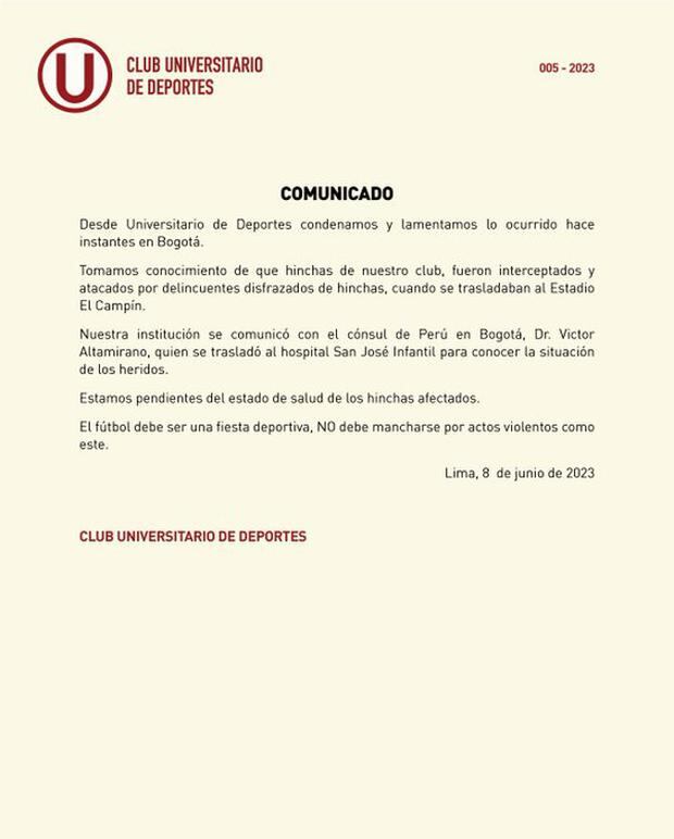 Comunicado de Universitario sobre lo sucedido en Colombia. (Imagen: Universitario)